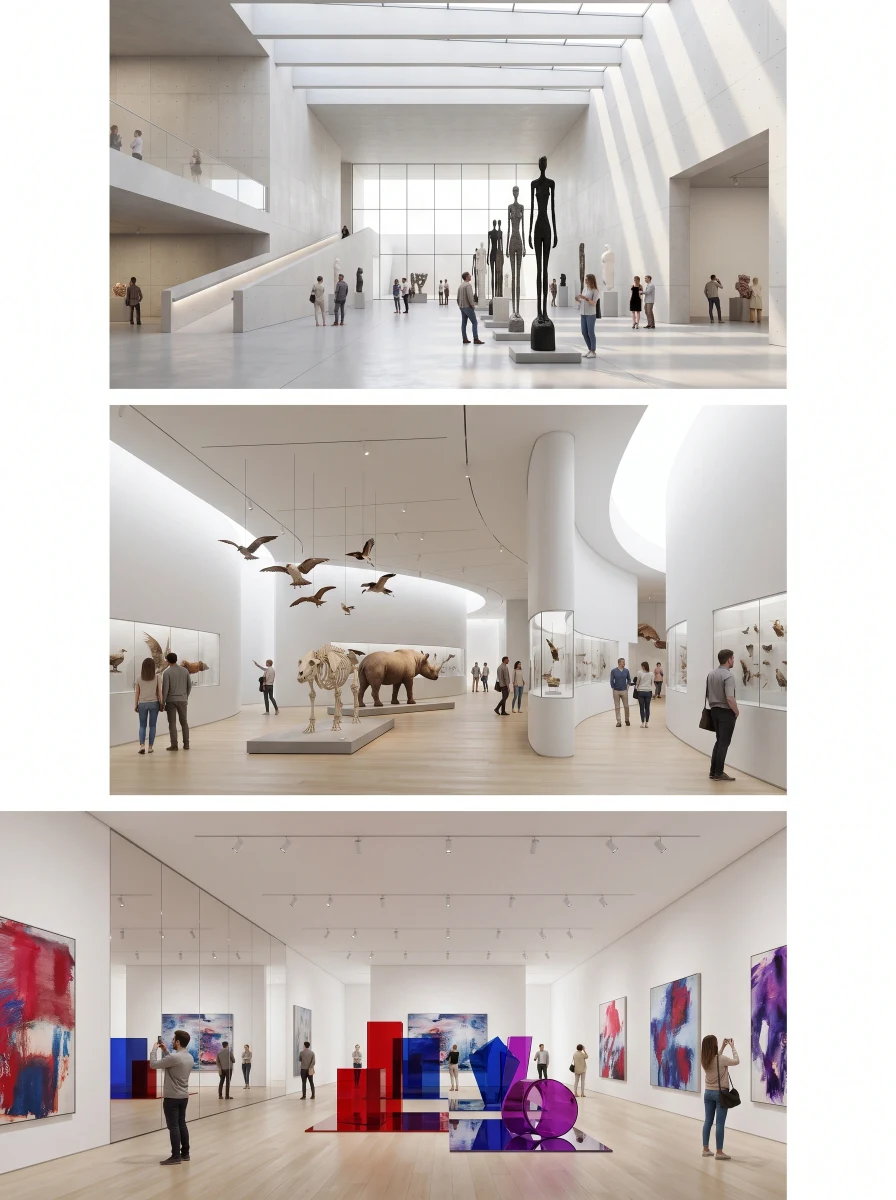 美术馆展陈空间组合图，展板排版 AI 设计参考