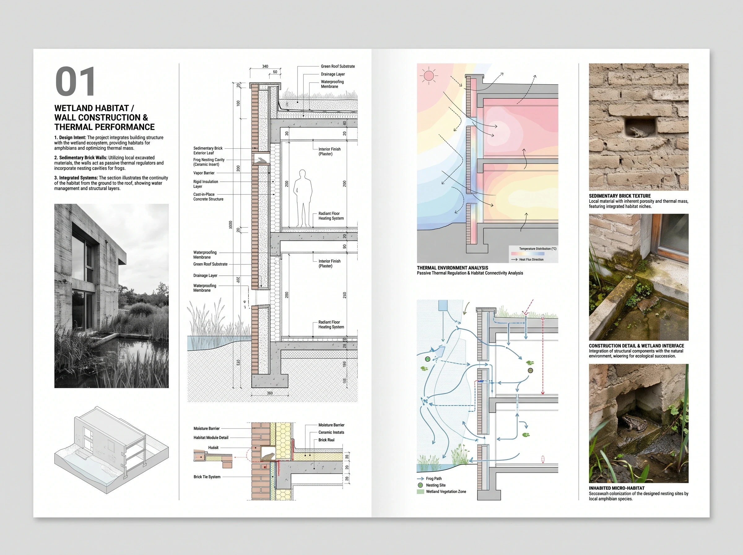 湿地青蛙墙建筑作品集排版，展板排版 AI 设计参考