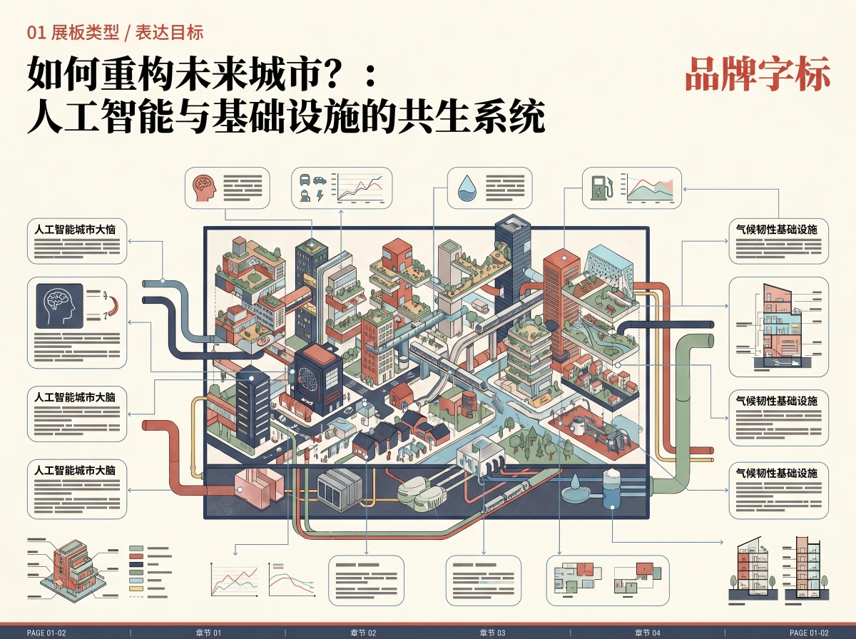 未来城市规划信息图展板，展板排版 AI 设计参考