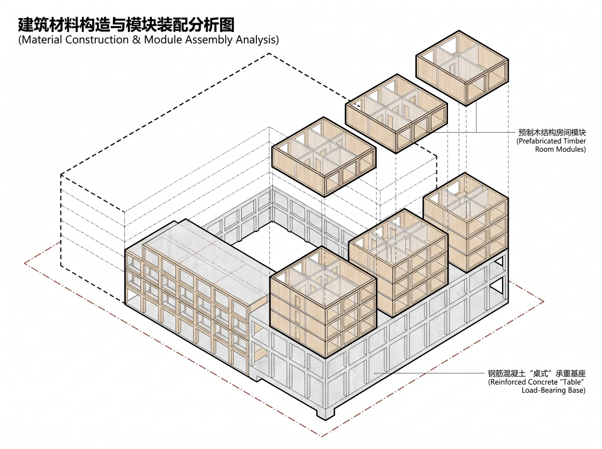 双体模块构造轴测，材料构造 AI 设计参考