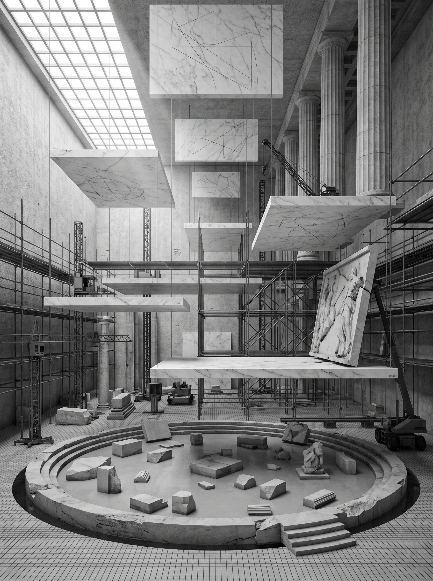 想象遗迹的灰白建造剧场，展板排版 AI 设计参考