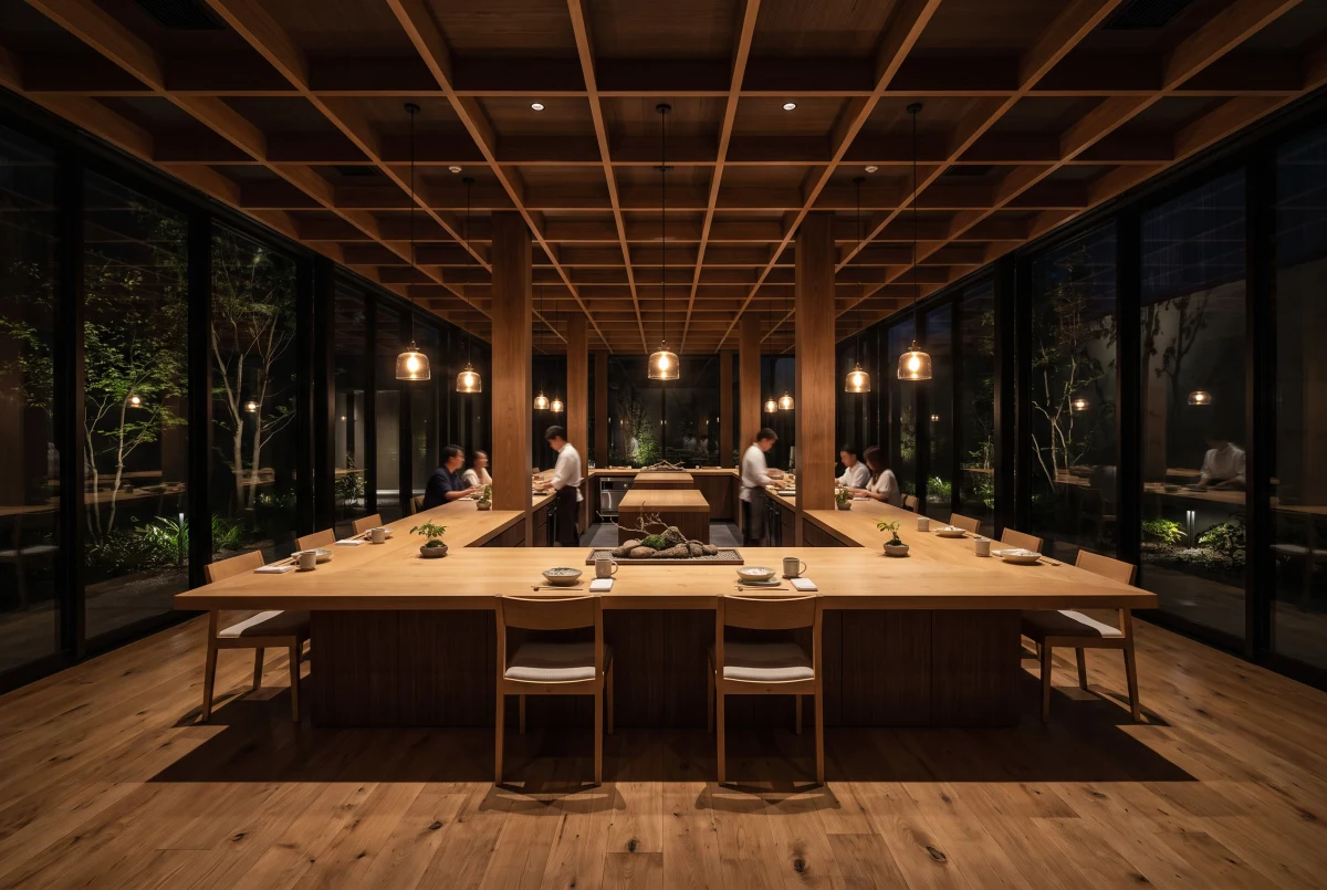 深木格栅庭院餐厅，公共空间 AI 设计参考