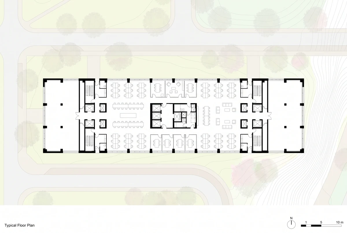 细长型建筑典型楼层平面图，平面 AI 设计参考