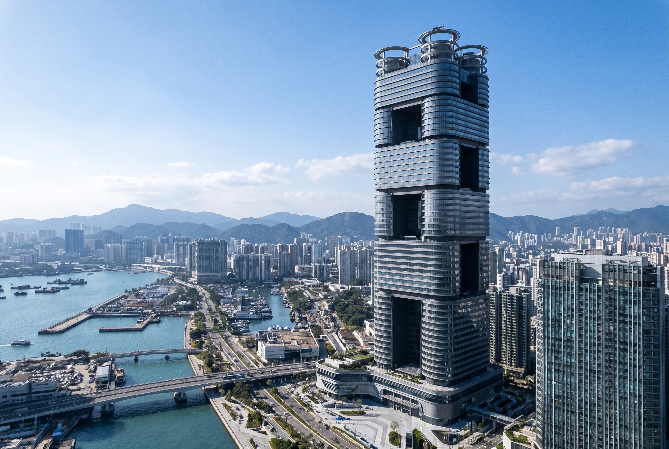 滨水城市环形塔楼，办公商业 AI 设计参考