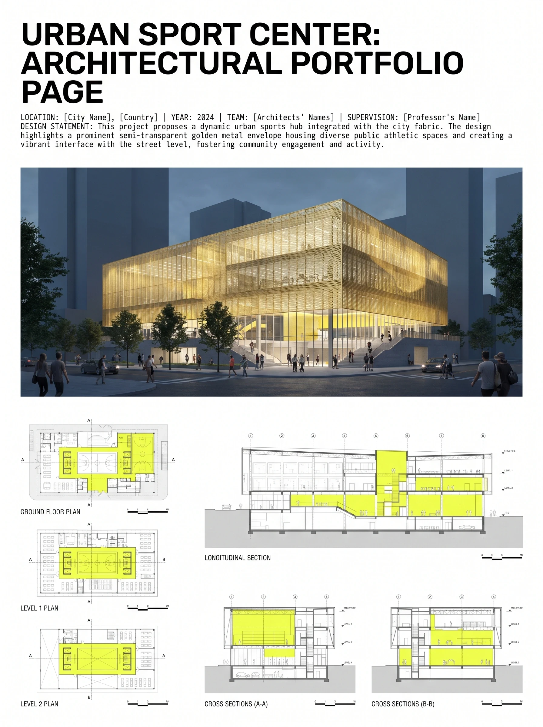 城市运动中心作品集展板，展板排版 AI 设计参考