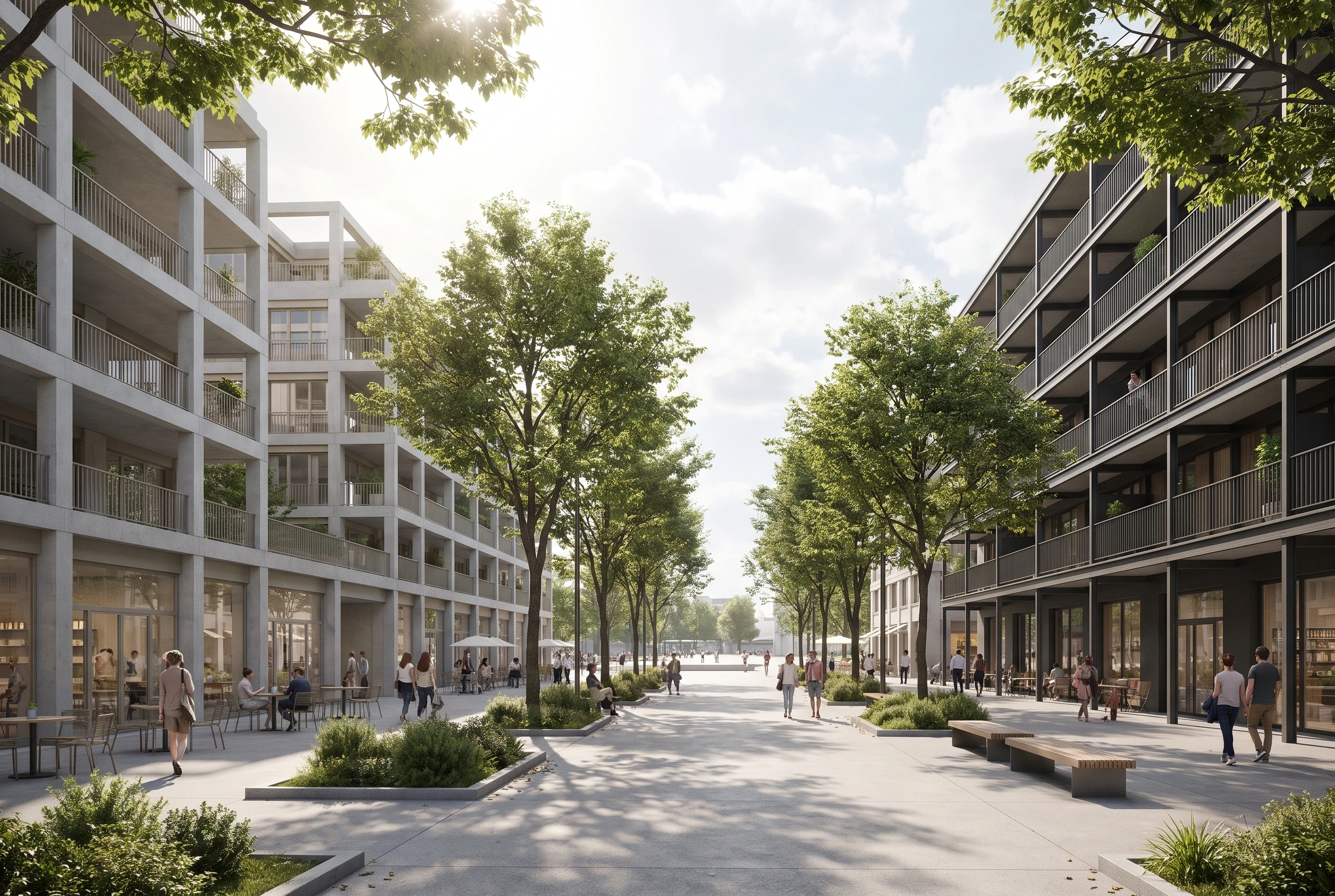 林荫商业街区建筑渲染，广场公共空间 AI 设计参考