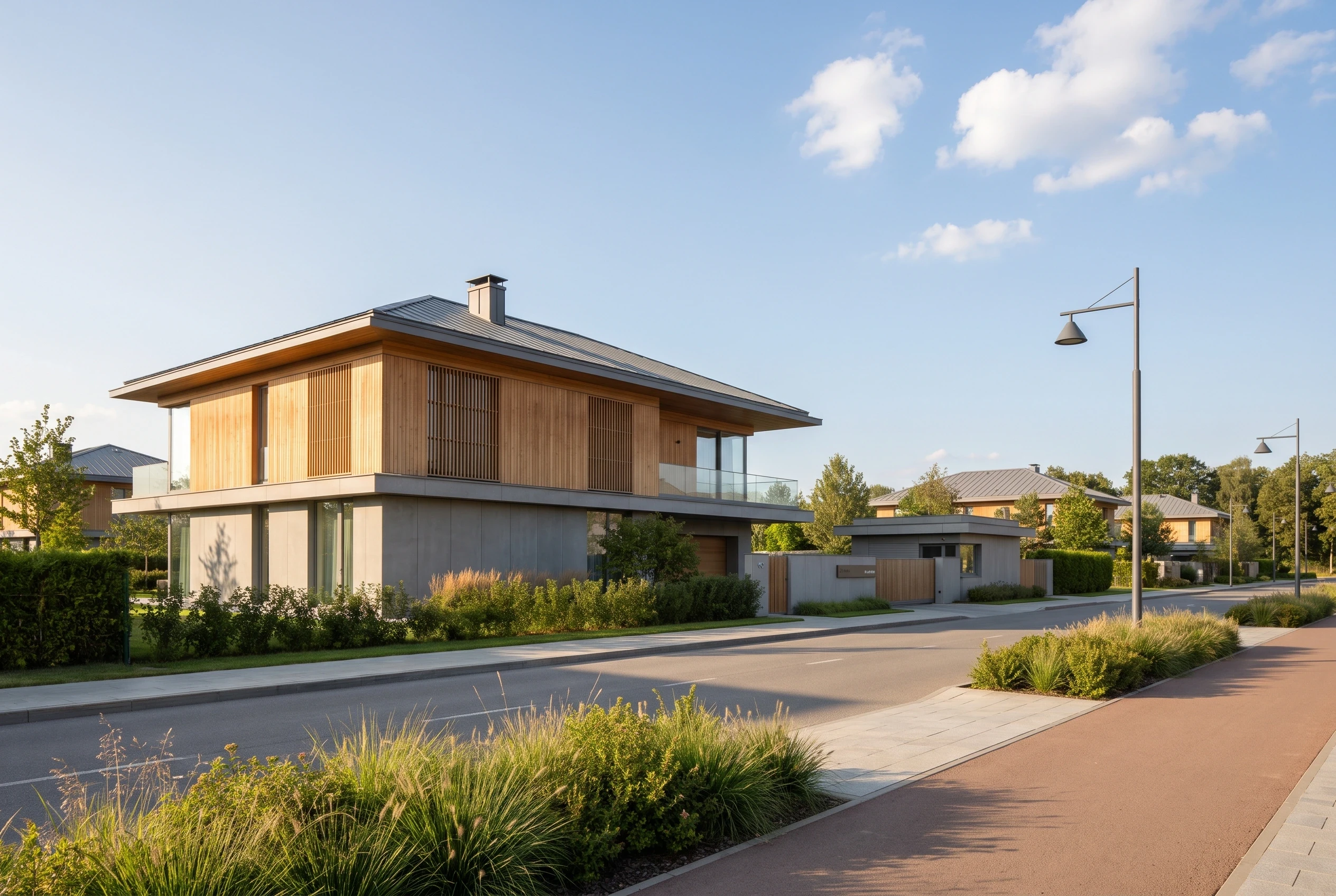 生态社区木质住宅街景，住宅 AI 设计参考