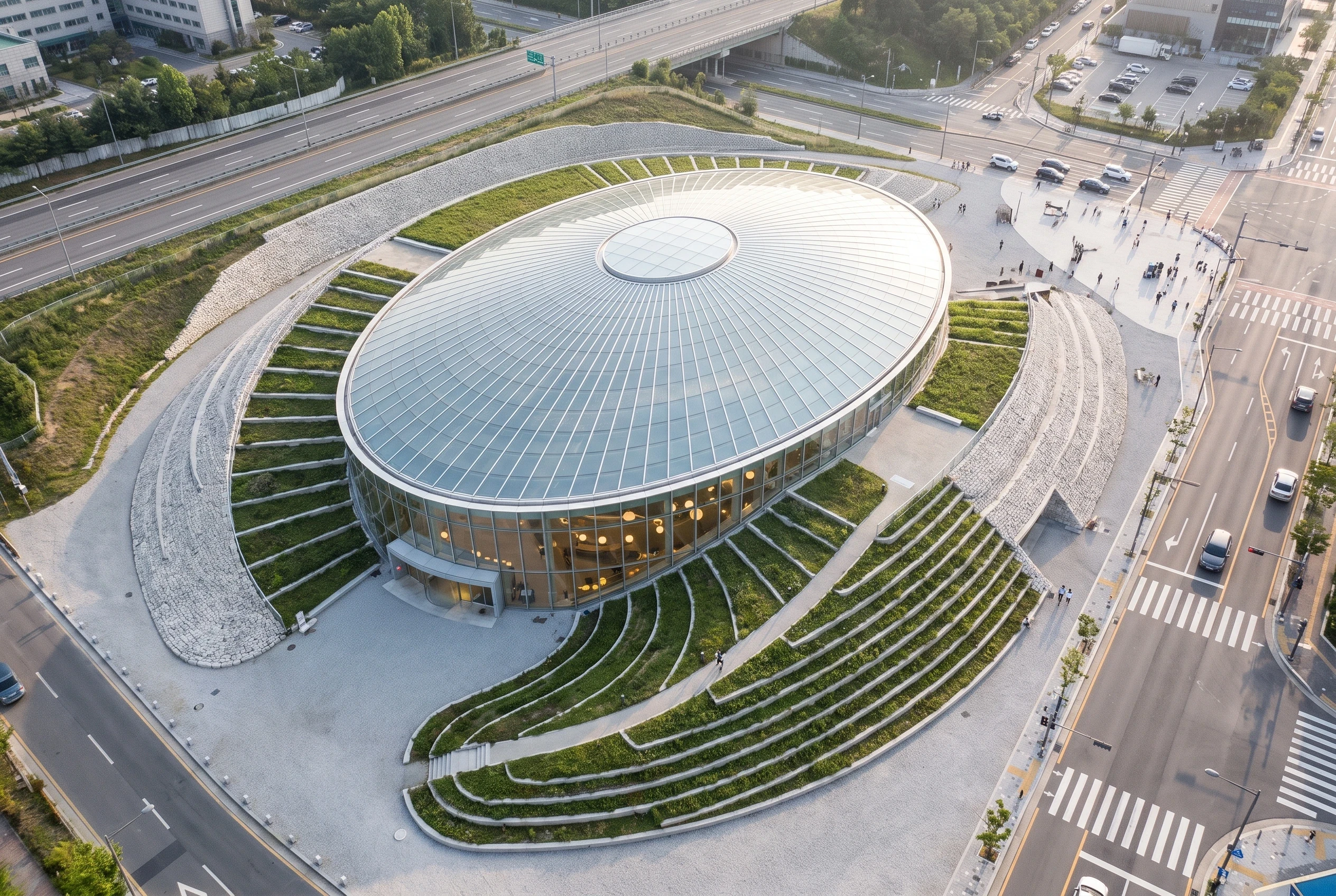 环形绿坡穹顶建筑，文化展览 AI 设计参考