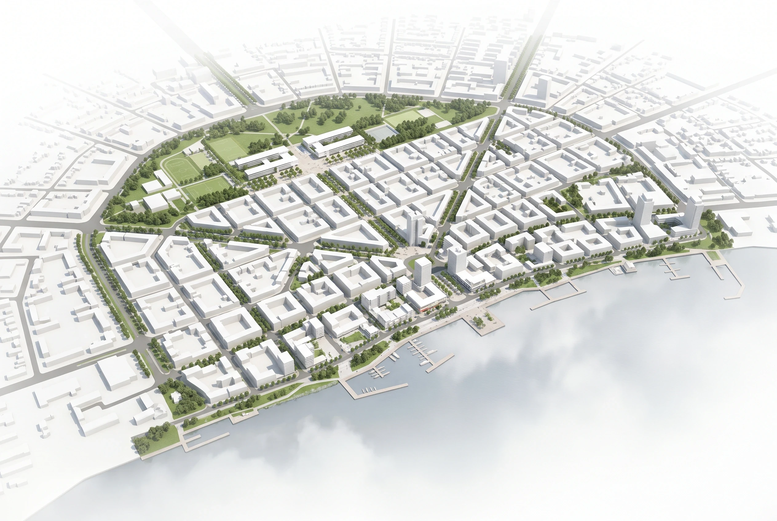 滨水城市中心总体规划鸟瞰图，总体规划 AI 设计参考