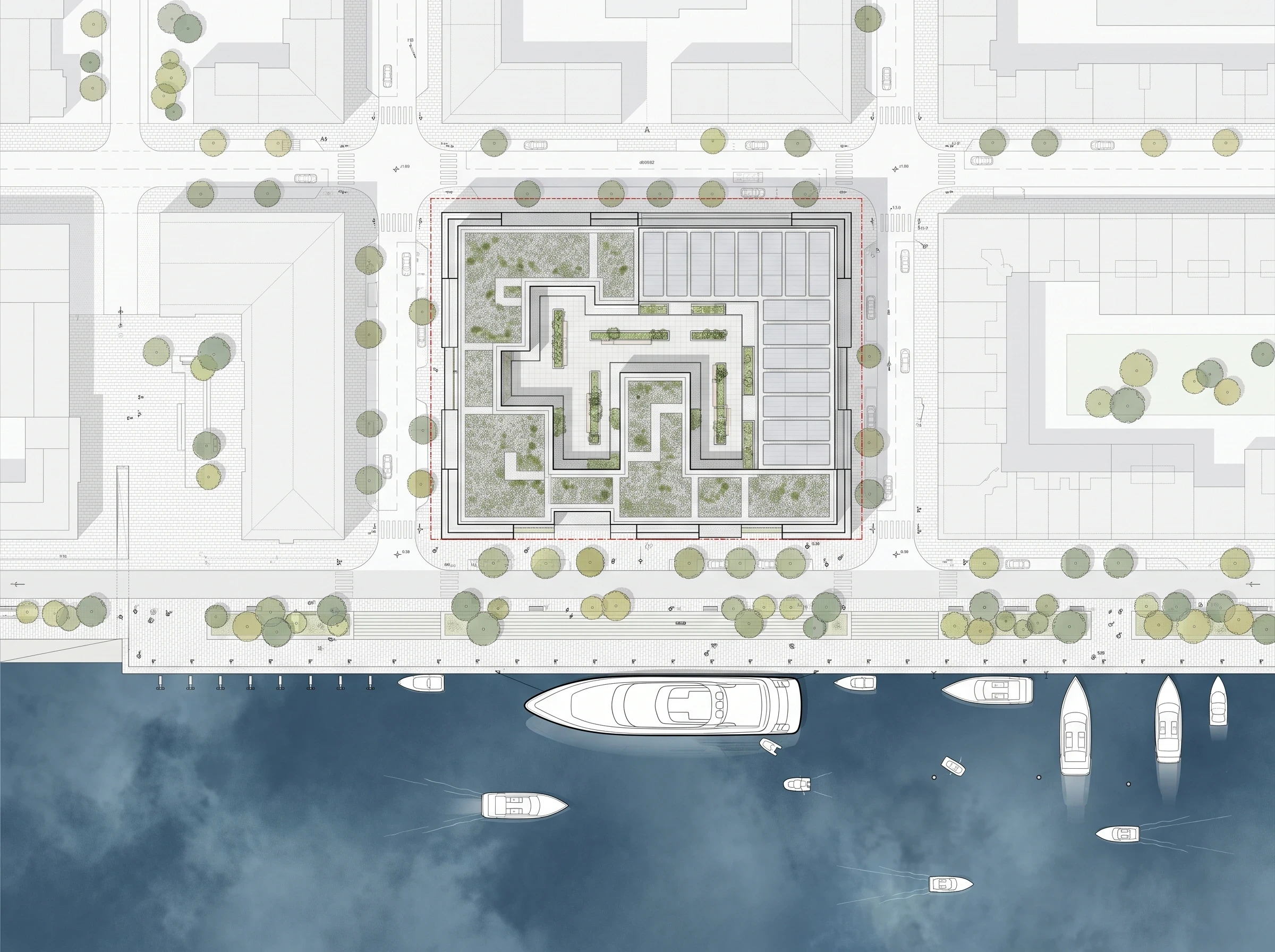 滨水街区建筑总平面图，总平面 AI 设计参考