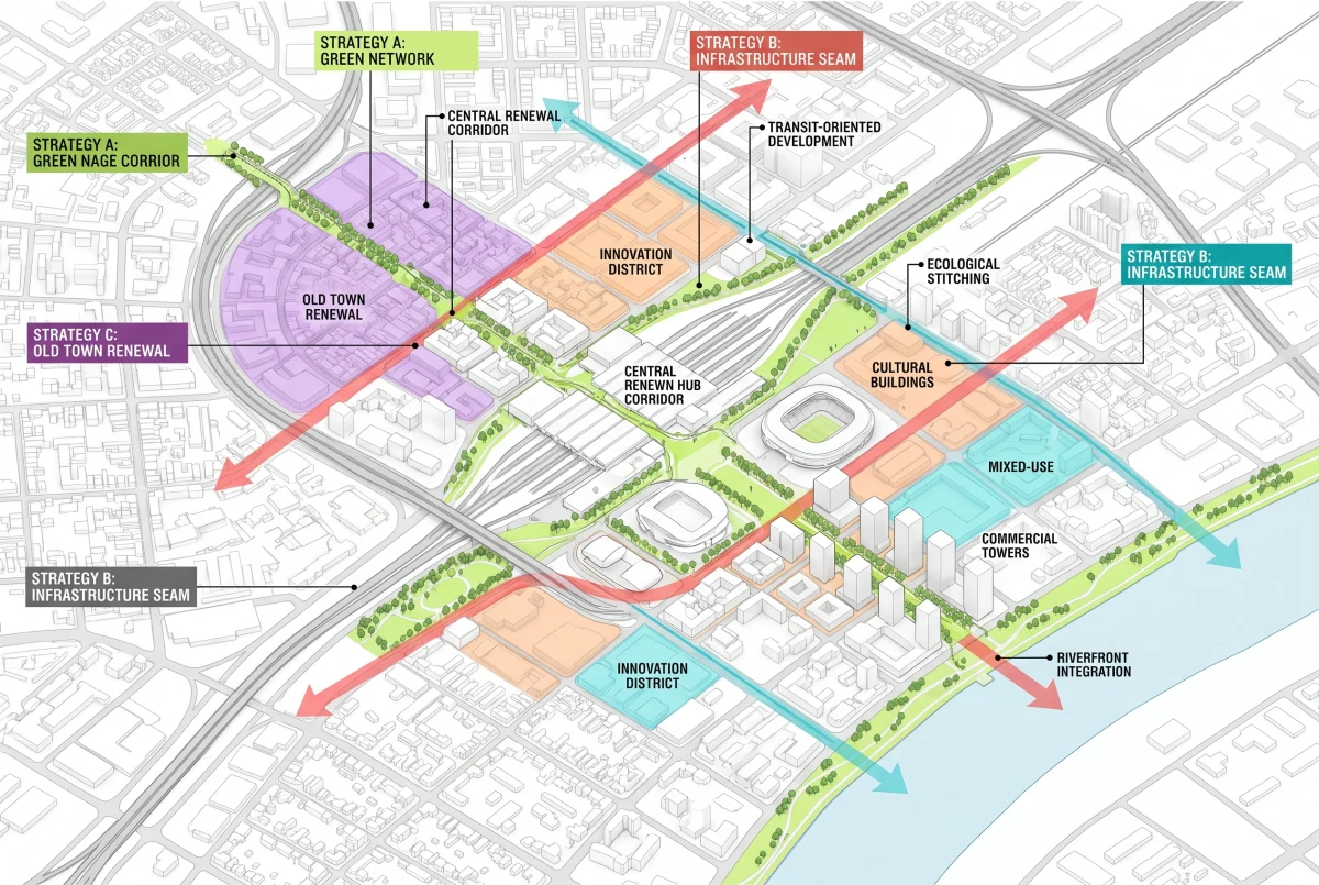 城市中心更新策略轴测图，城市设计 AI 设计参考