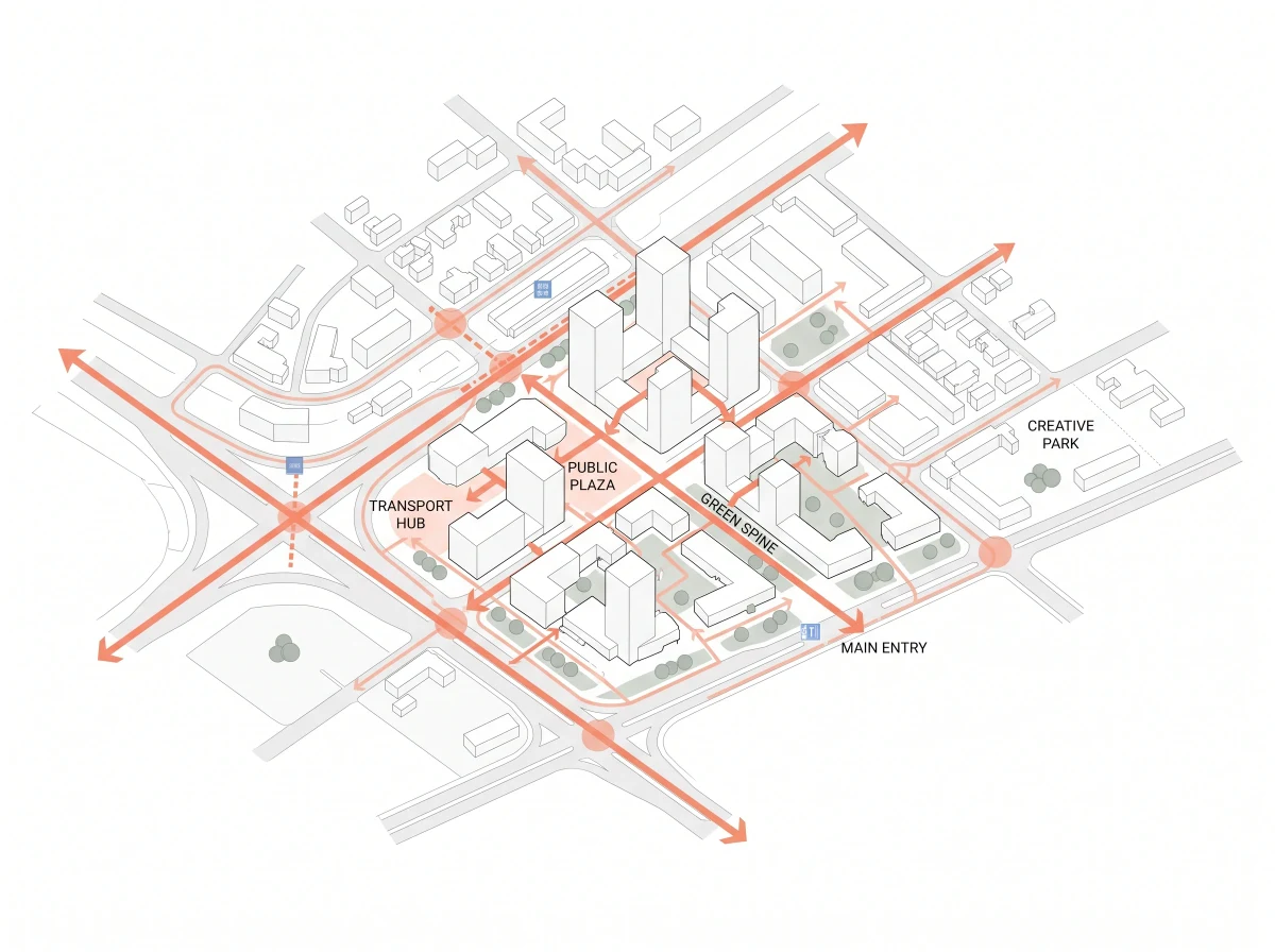 城市建筑功能流线轴测图，功能流线 AI 设计参考