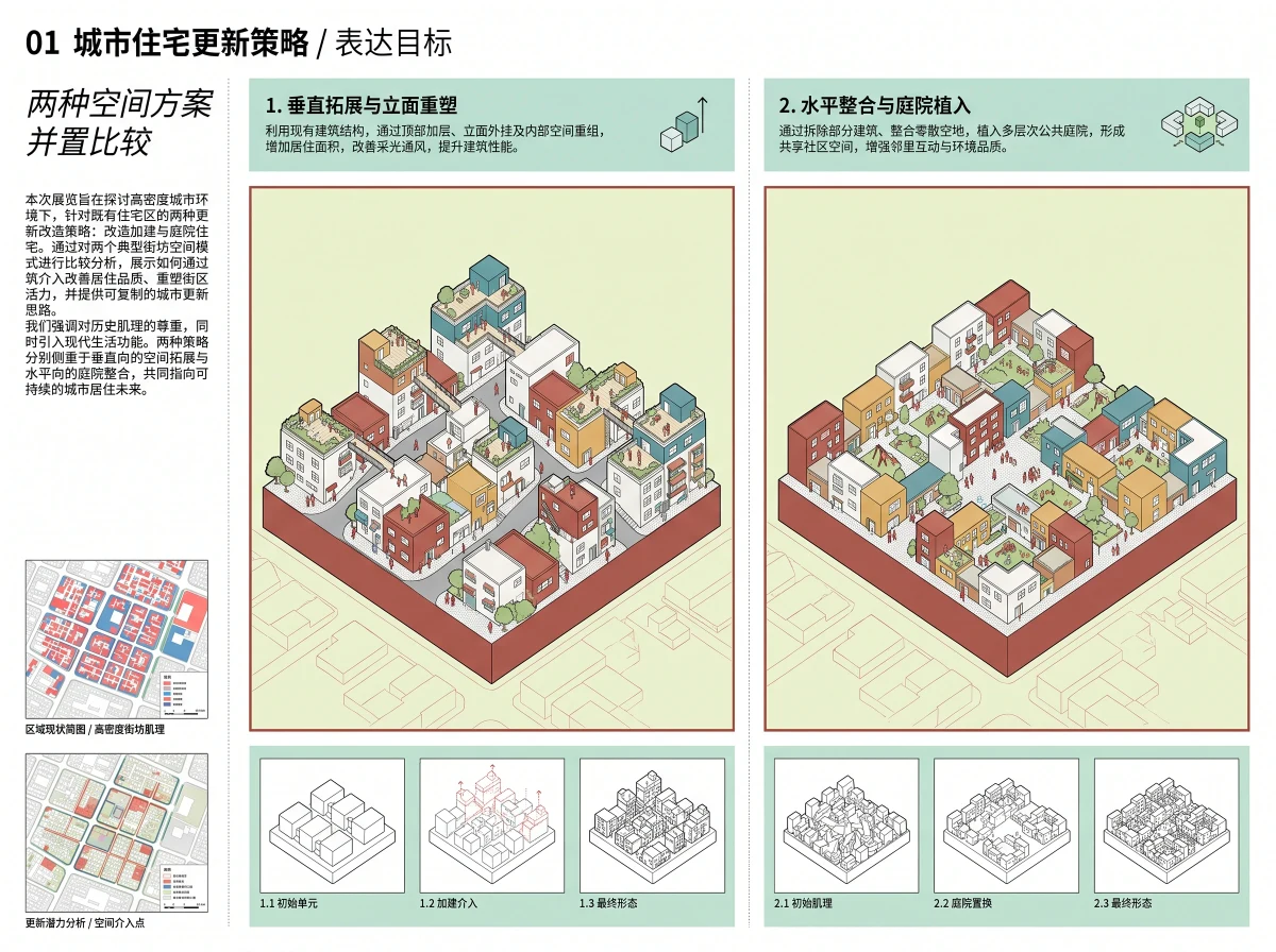住宅更新双方案信息图展板，展板排版 AI 设计参考