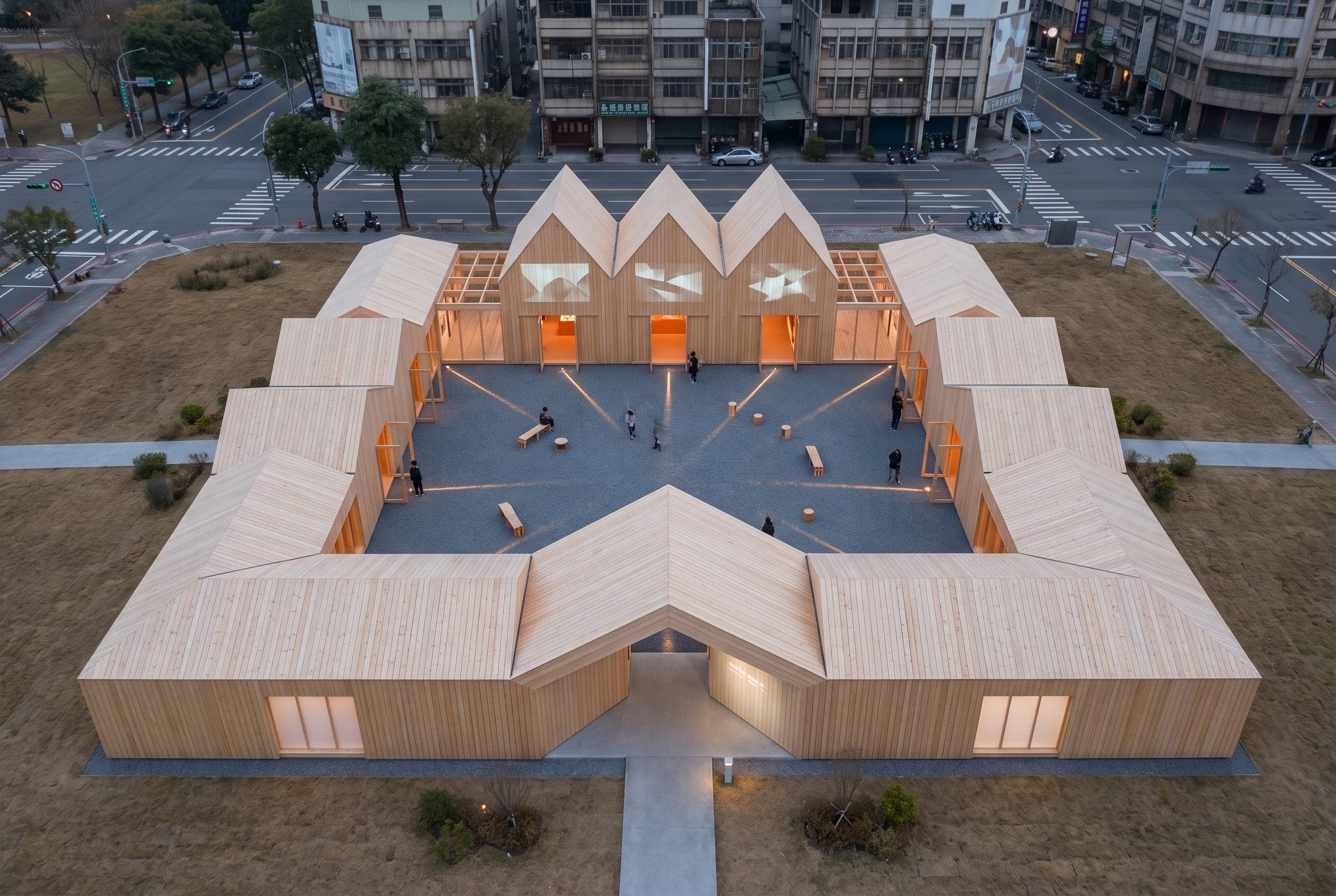 城市公园木构展览庭院，文化展览 AI 设计参考