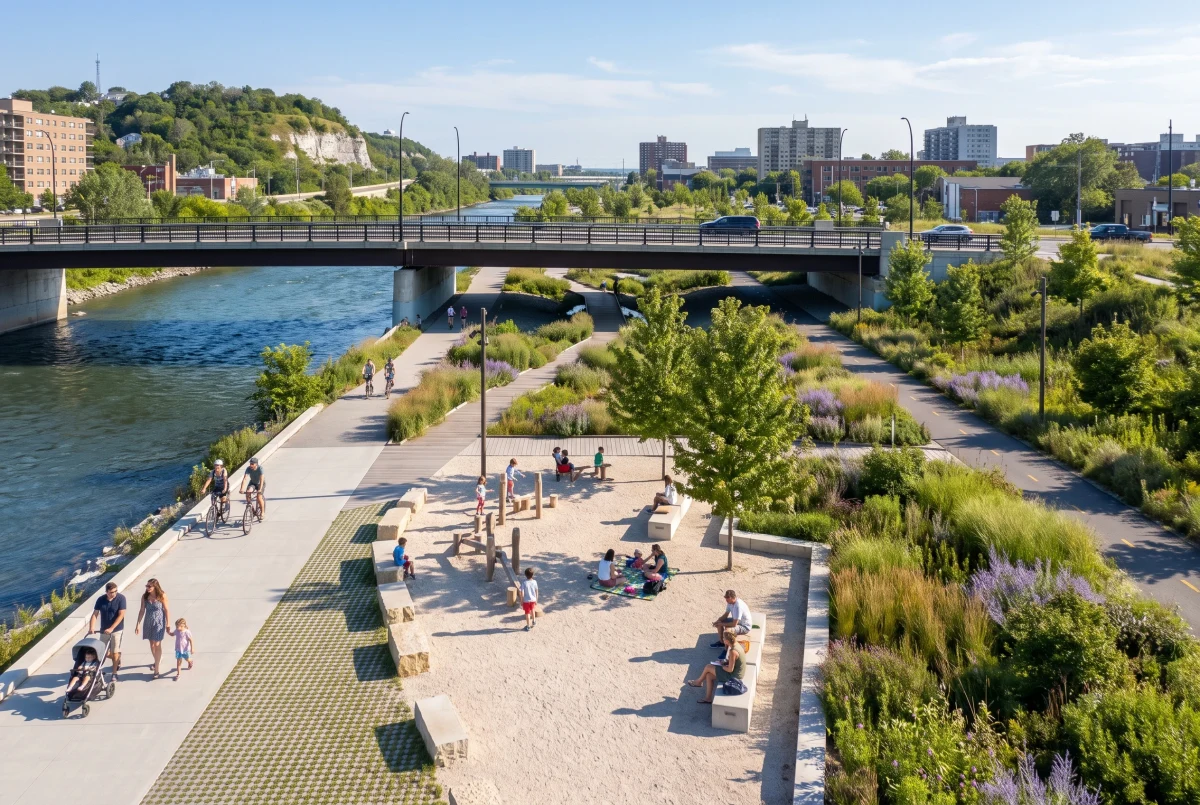 城市滨水生态休闲廊道，滨水空间 AI 设计参考