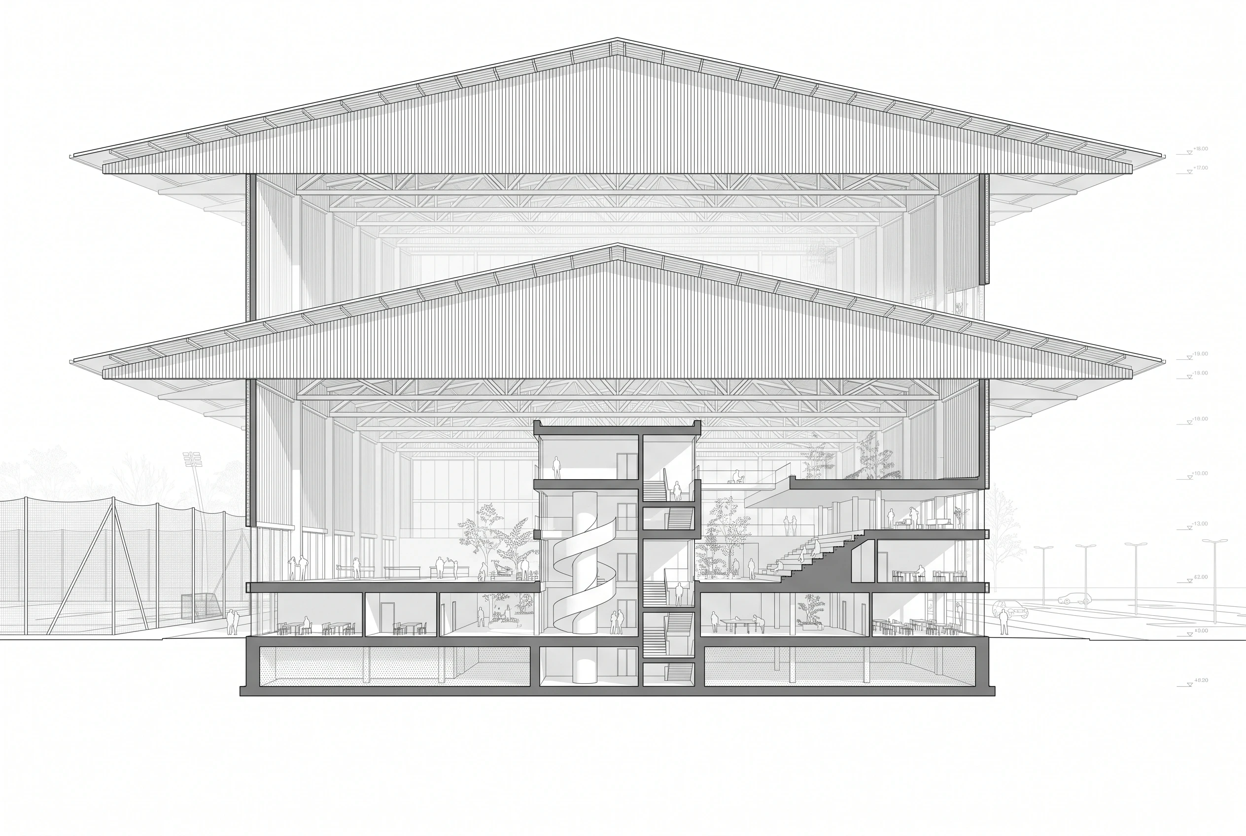 蒙托邦体育中心建筑剖面，剖面 AI 设计参考
