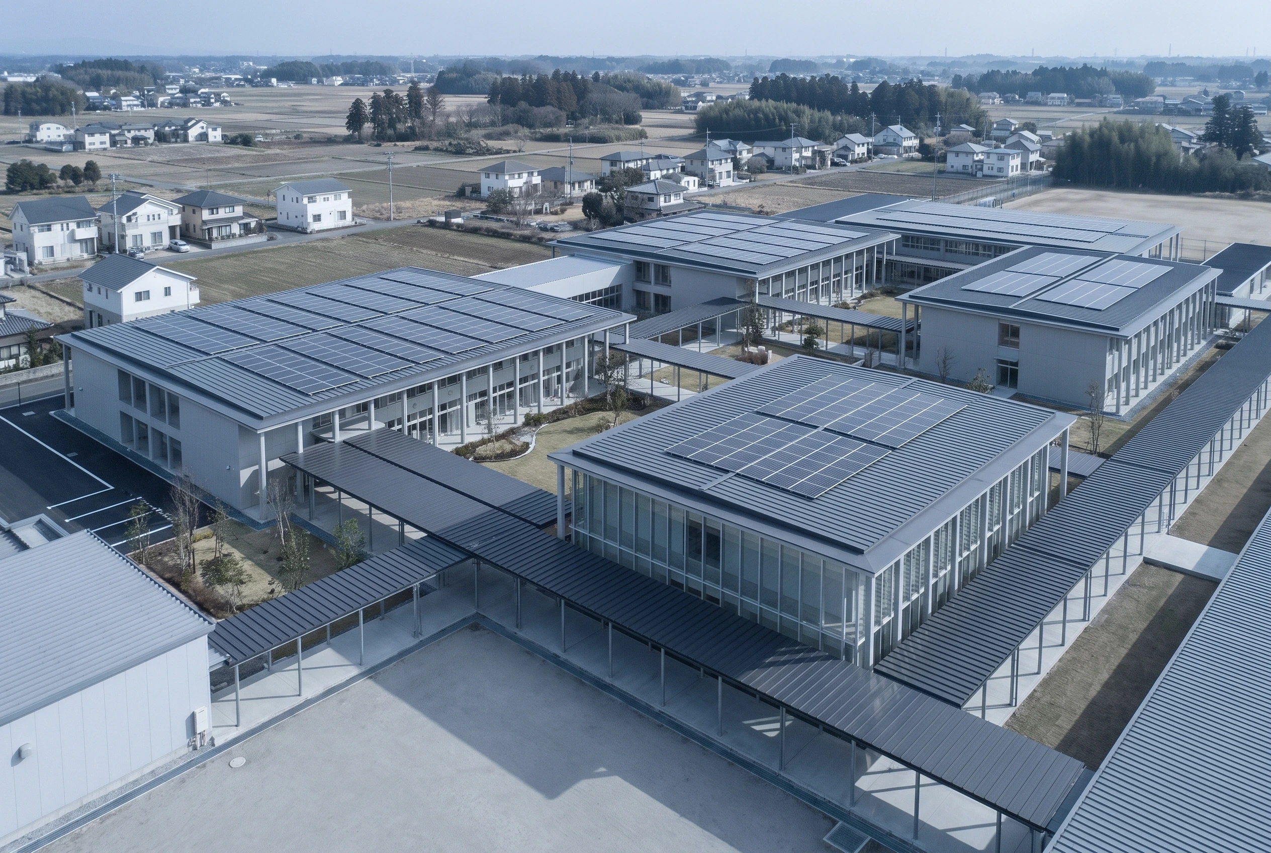 田园校园组团建筑鸟瞰，教育校园 AI 设计参考