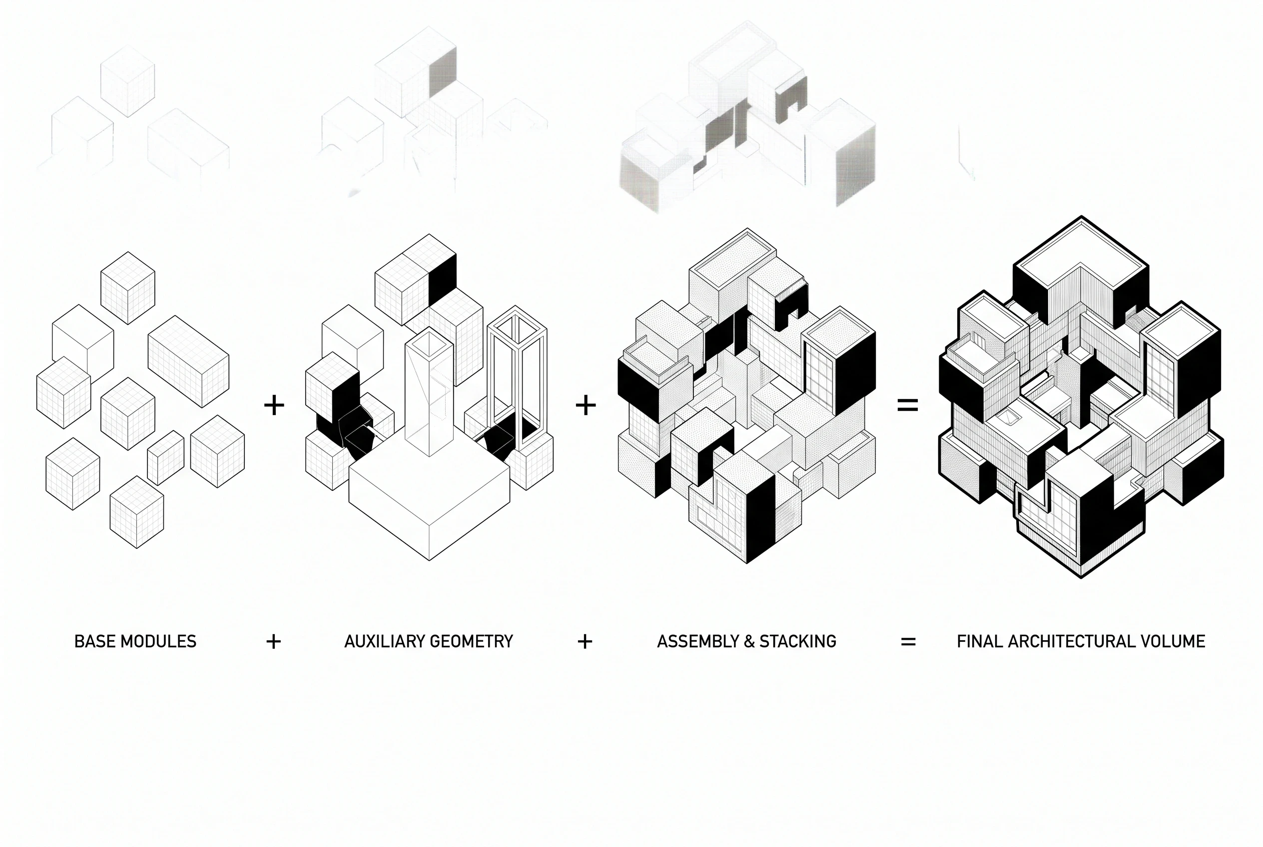 模块叠合体量生成图，体量生成 AI 设计参考