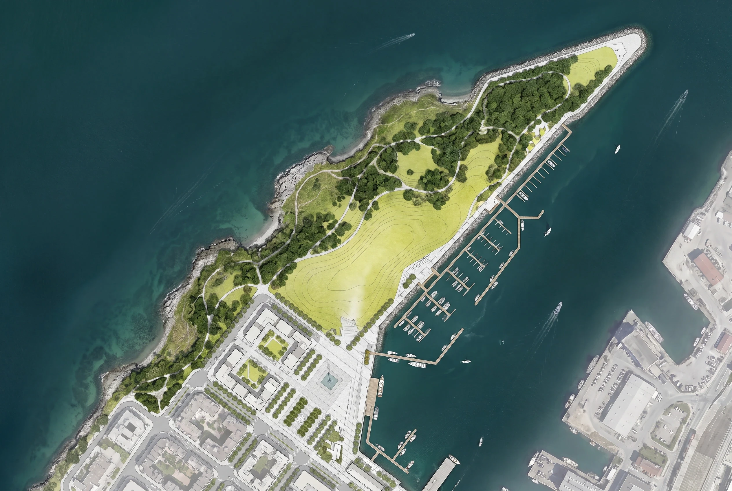 港湾半岛生态公园总平面，滨水空间 AI 设计参考