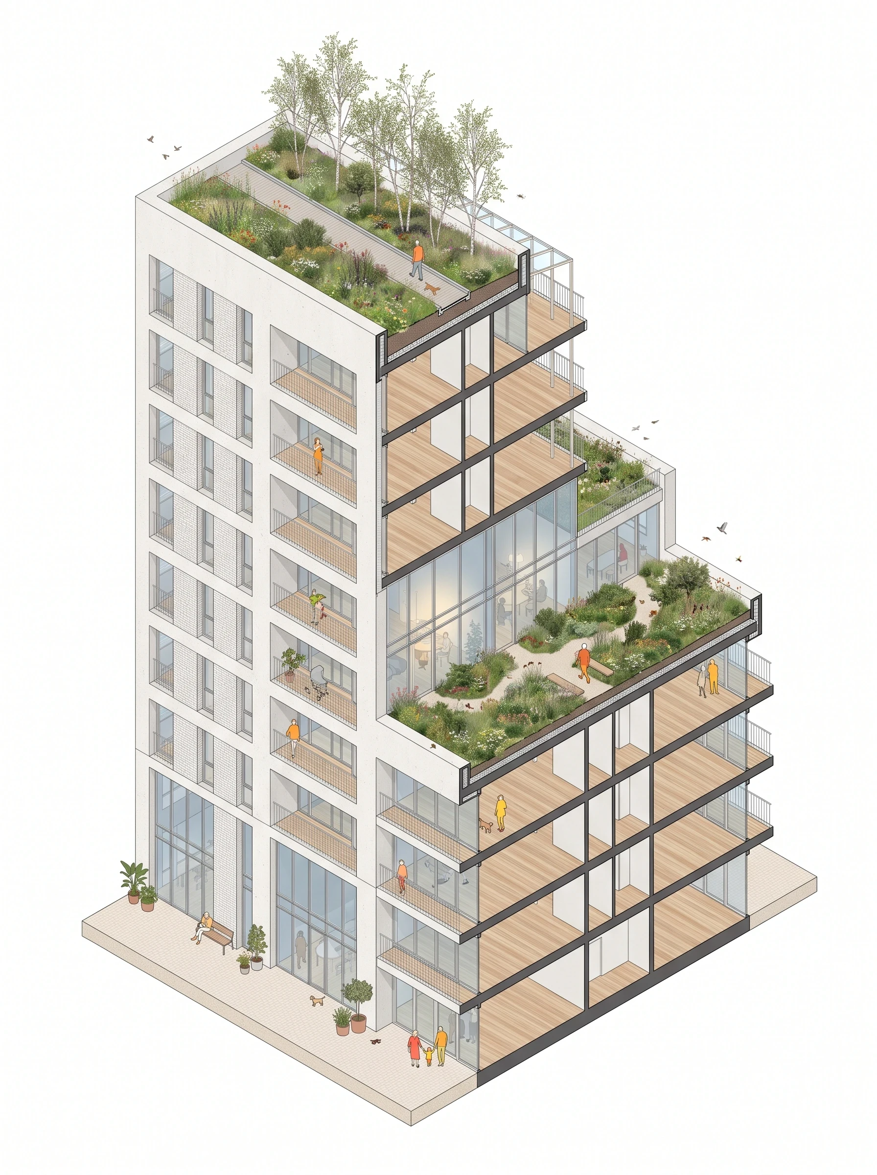 城市绿洲住宅剖切轴测，轴测 AI 设计参考