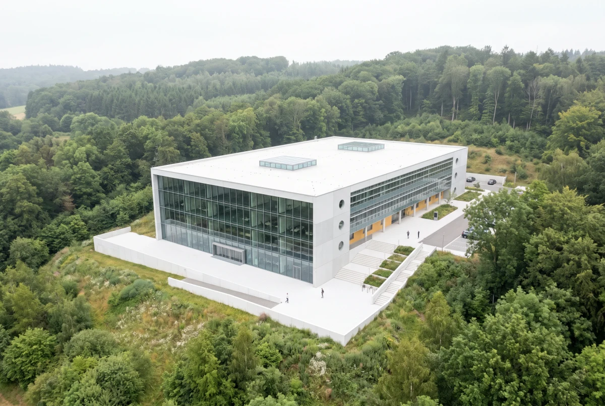 林坡中的白色办公建筑，办公商业 AI 设计参考
