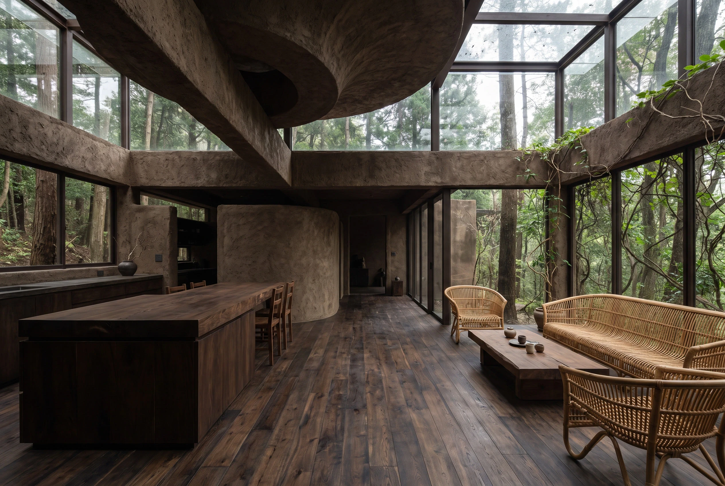 粗土穹梁森林住宅内景，住宅 AI 设计参考