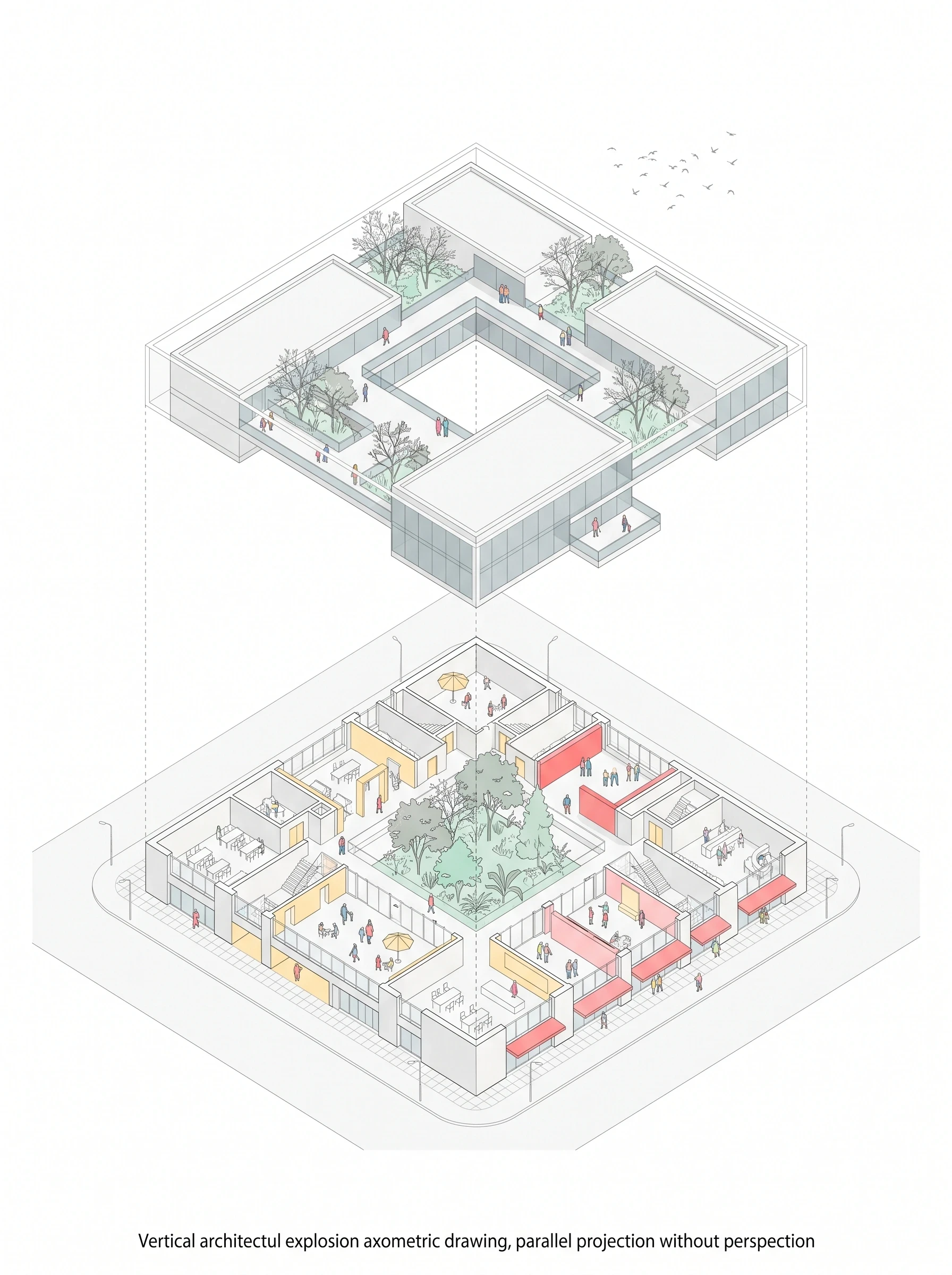文化建筑爆炸轴测图，轴测 AI 设计参考