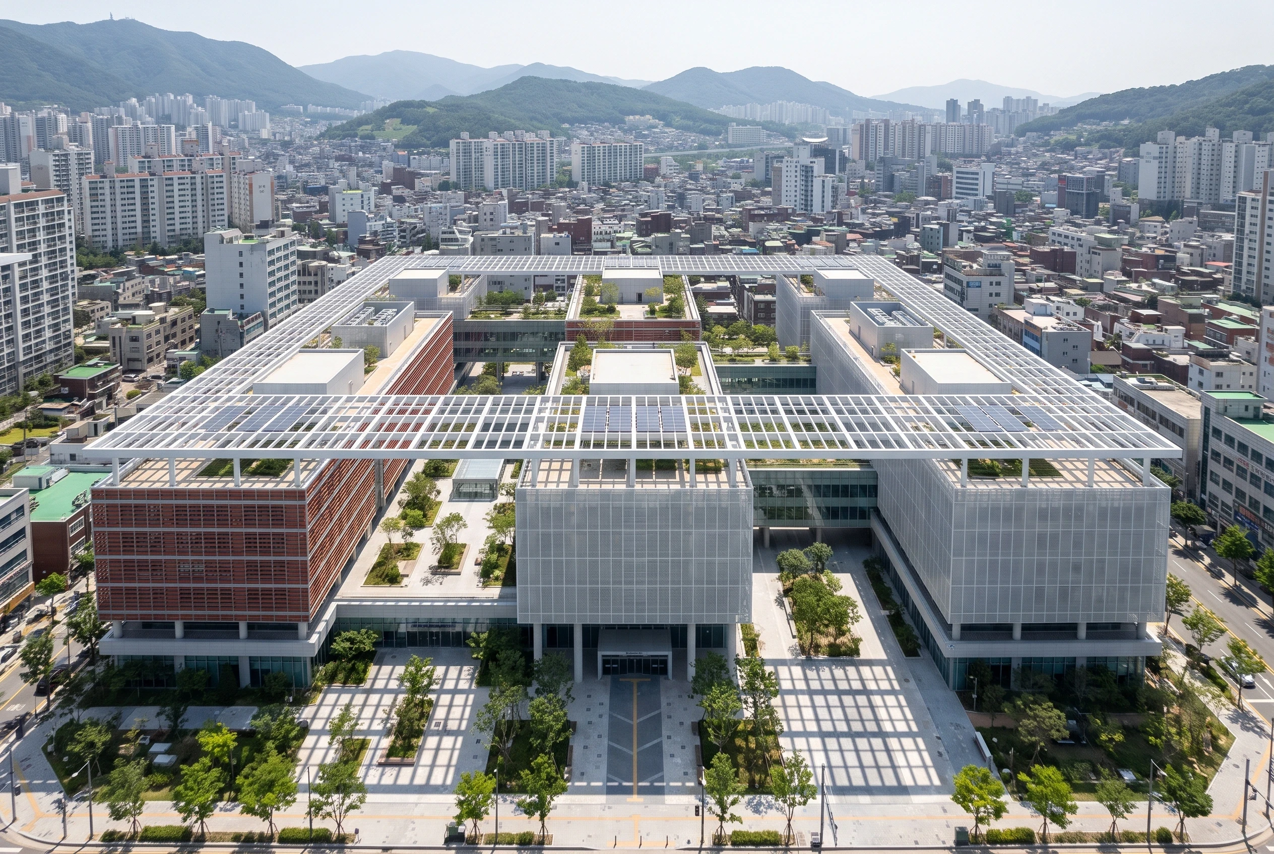 山城公共行政中心鸟瞰，综合公共建筑 AI 设计参考