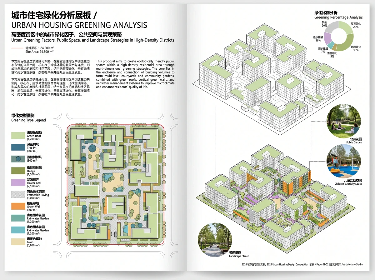 高密度城市绿化分析展板，展板排版 AI 设计参考