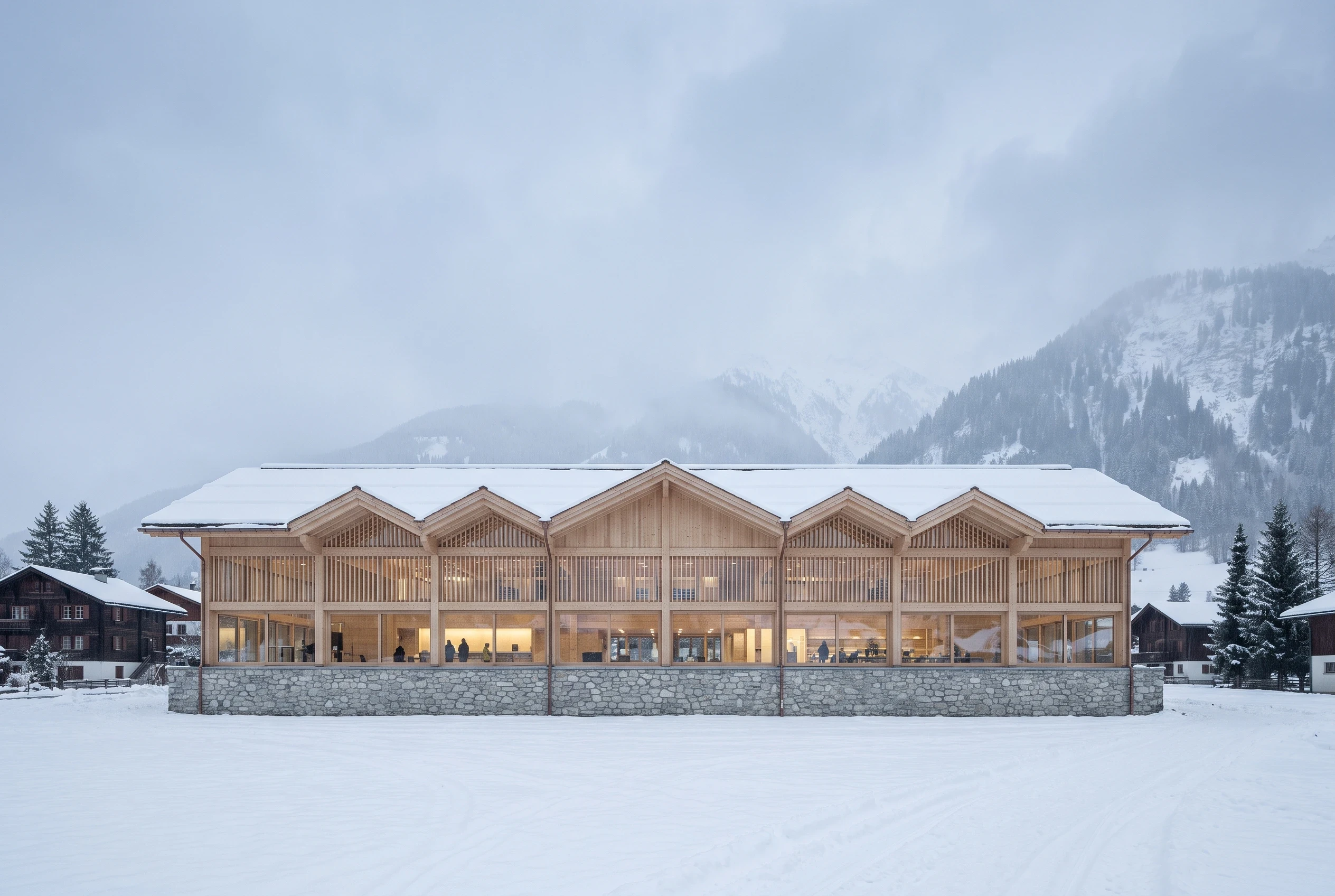 雪山下的木构公共建筑，综合公共建筑 AI 设计参考