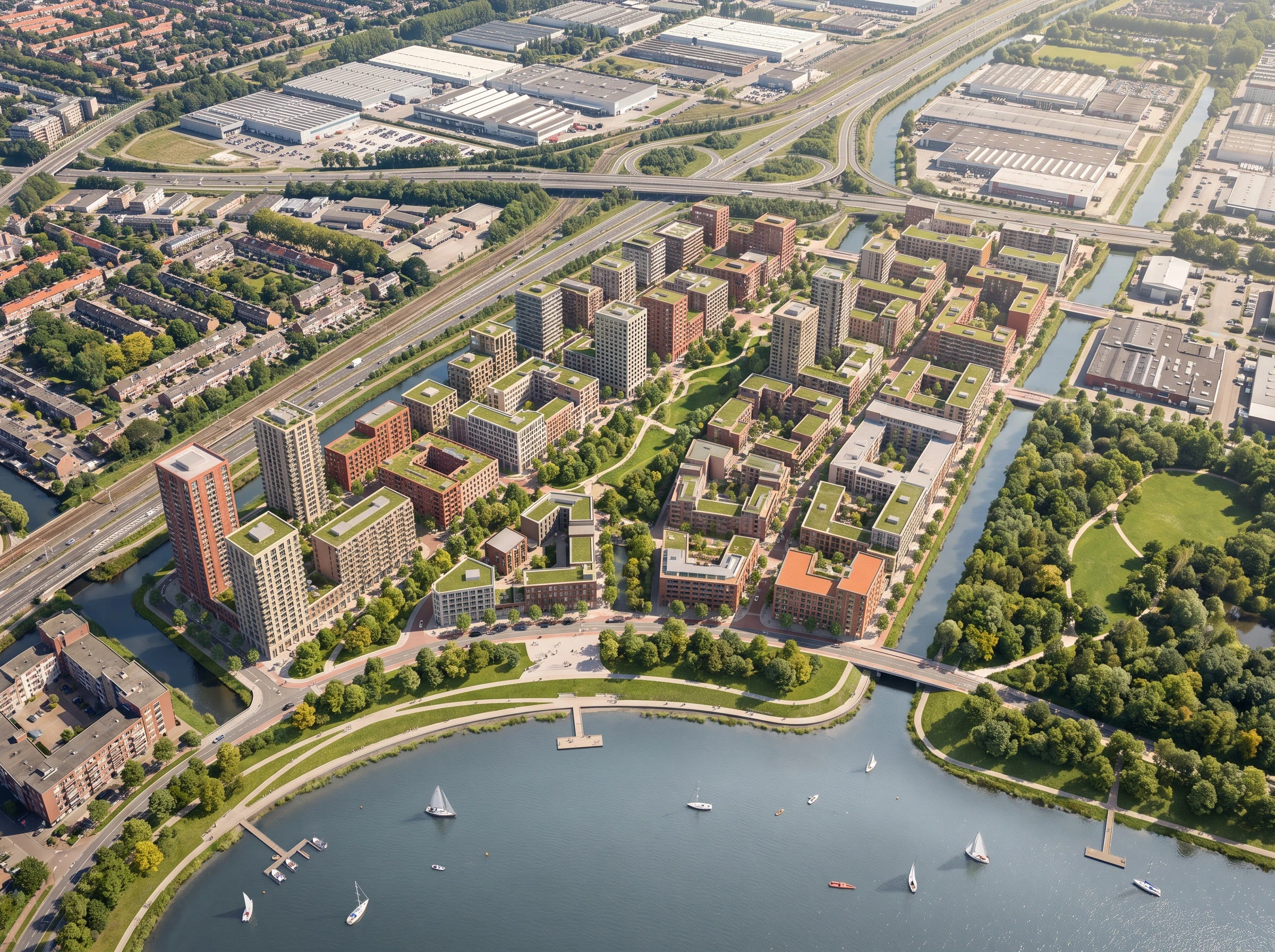 滨水复合城区总体规划鸟瞰，总体规划 AI 设计参考