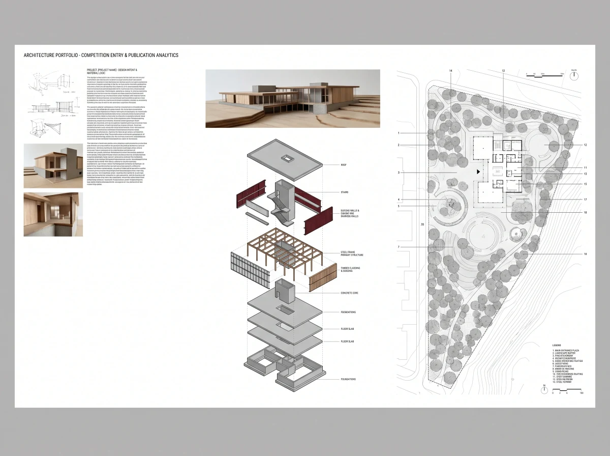 作品集式建筑分析展板，展板排版 AI 设计参考