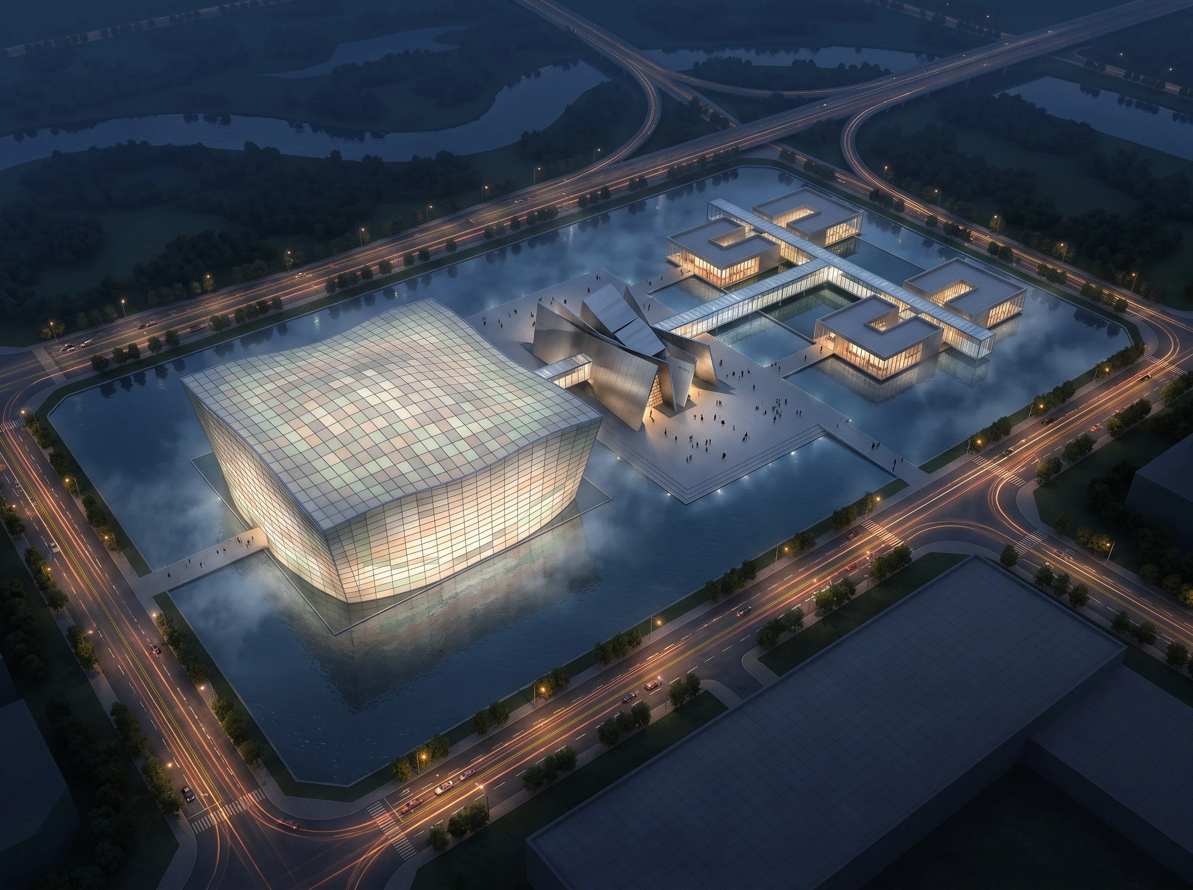 水上歌剧院与艺廊夜景，文化展览 AI 设计参考