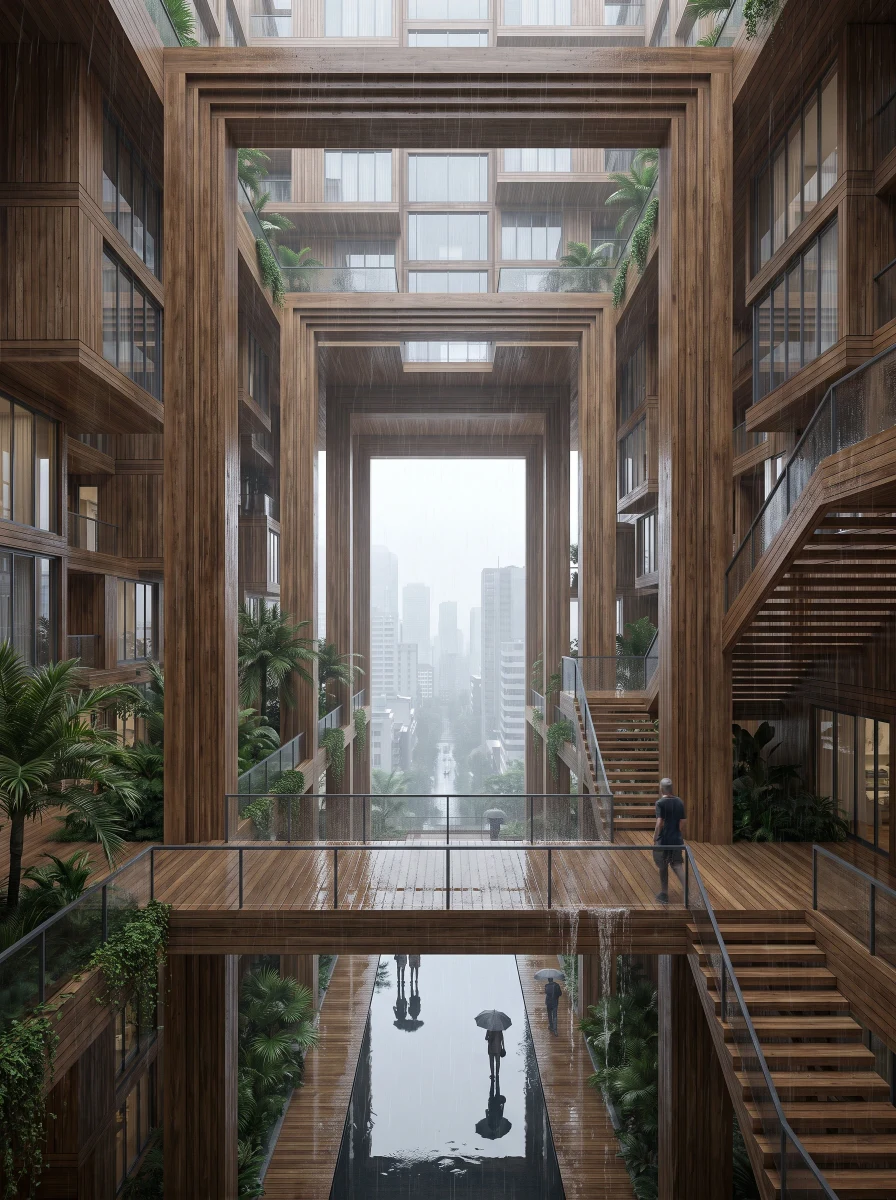 雨幕木构叠院住宅，酒店度假 AI 设计参考