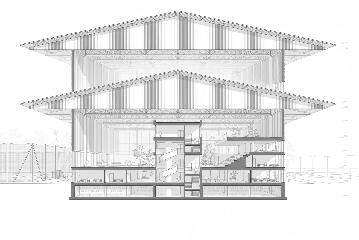 蒙托邦体育中心建筑剖面，剖面 AI 设计参考