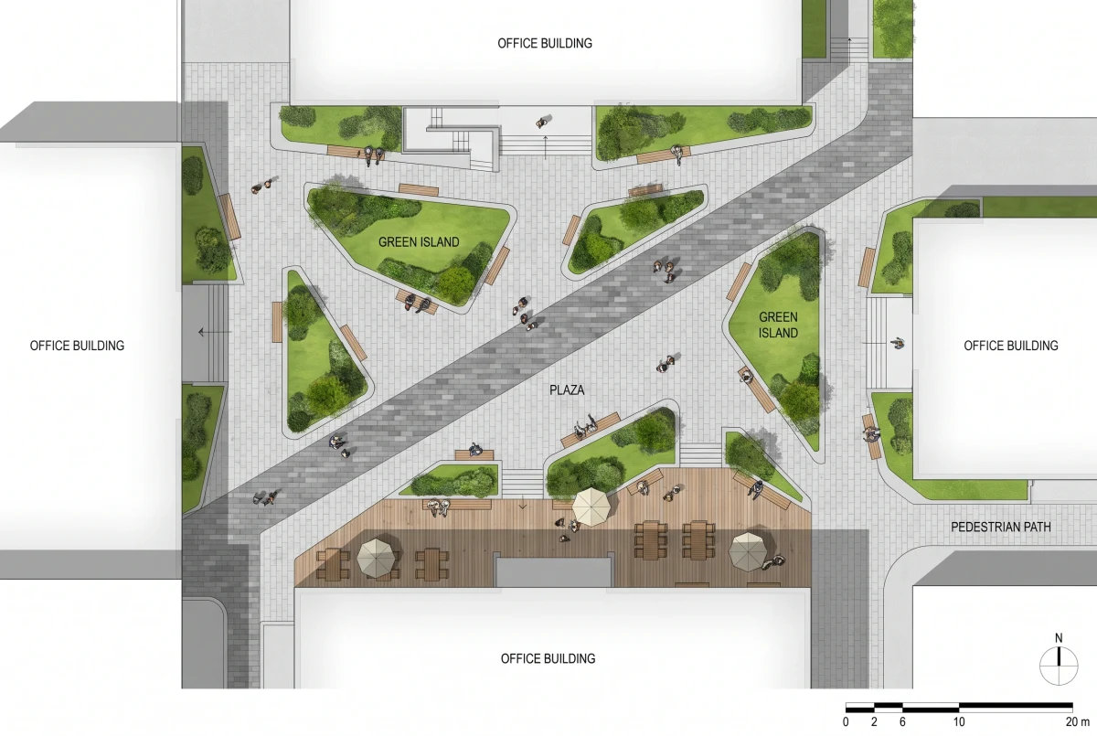 城市建筑夹缝中的几何广场，广场公共空间 AI 设计参考