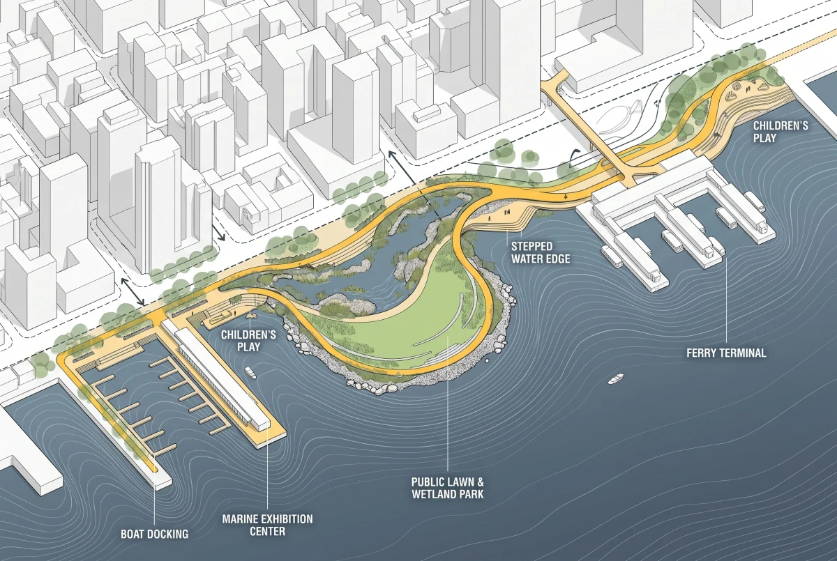 城市滨水公共空间总体规划图，滨水空间 AI 设计参考