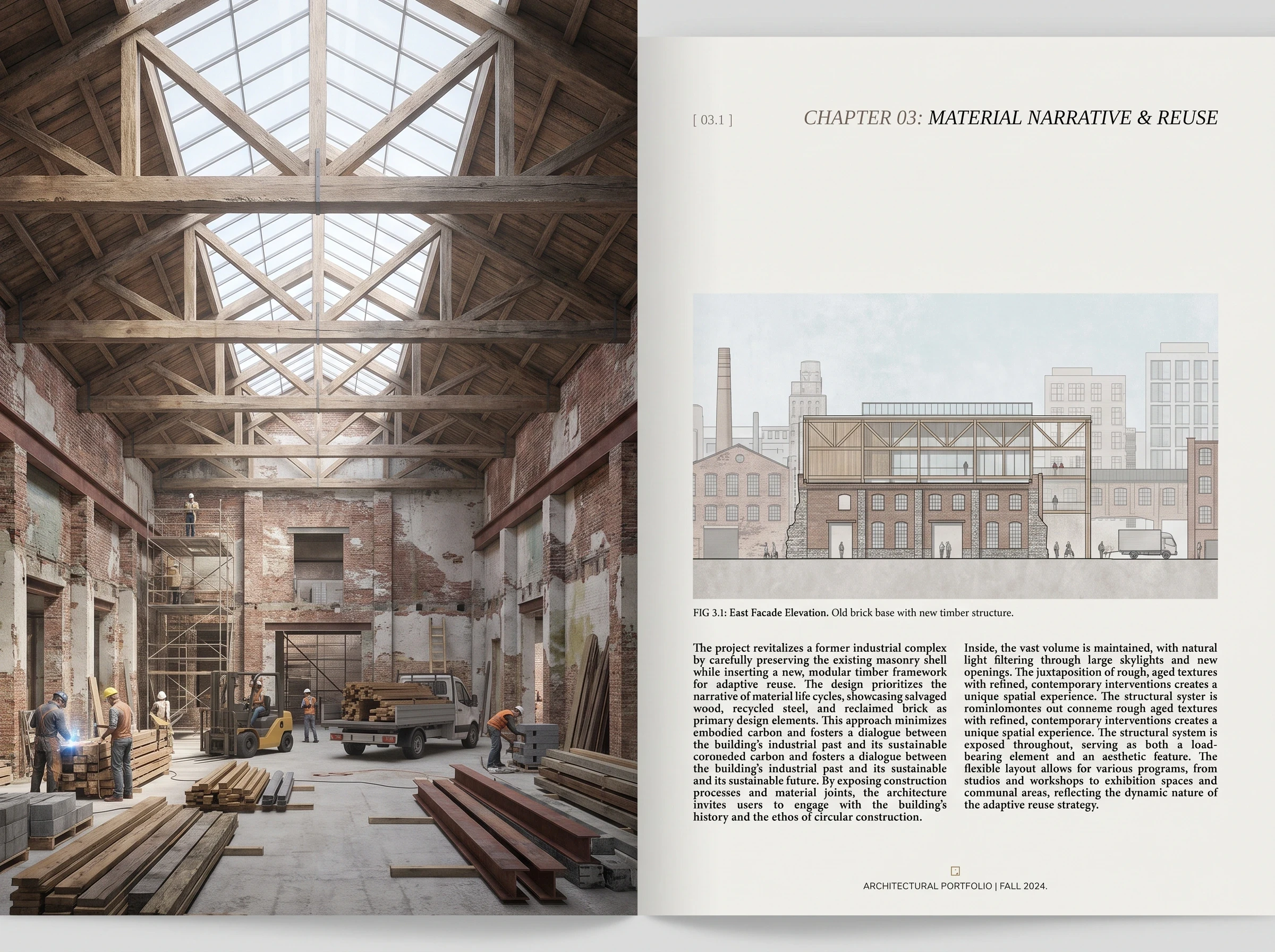 工业再生建筑双页作品集，展板排版 AI 设计参考