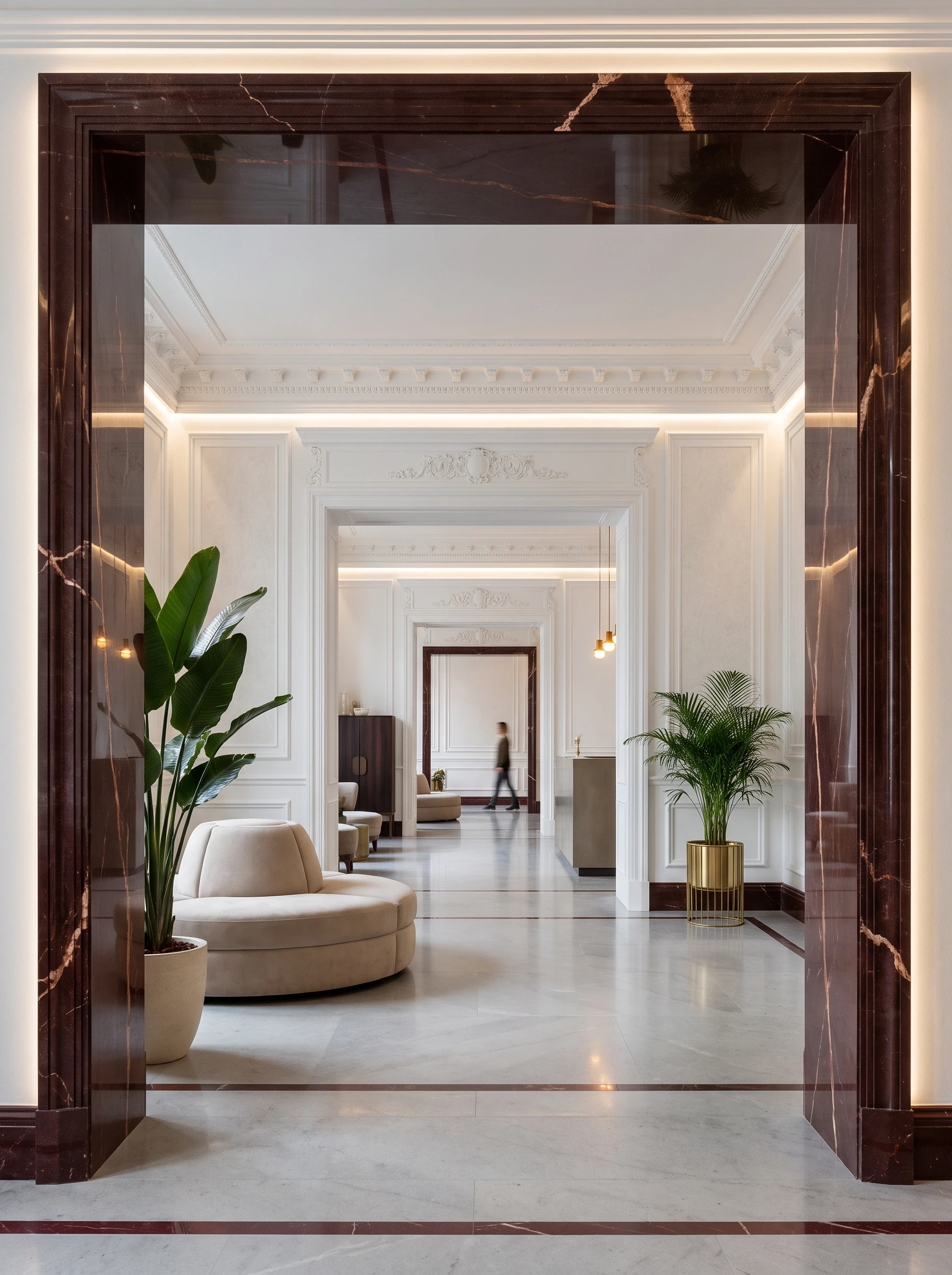 深红石材框景的古典大堂，公共空间 AI 设计参考