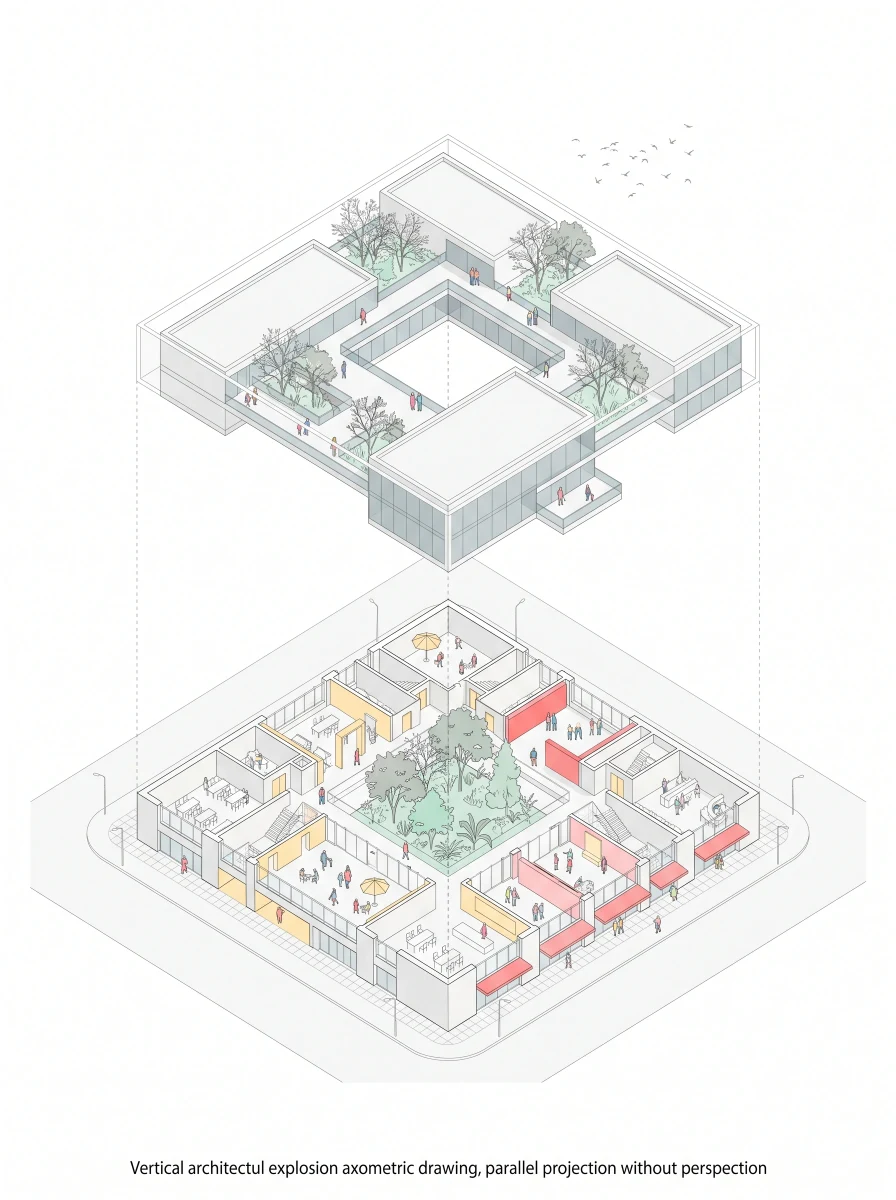 文化建筑爆炸轴测图，轴测 AI 设计参考