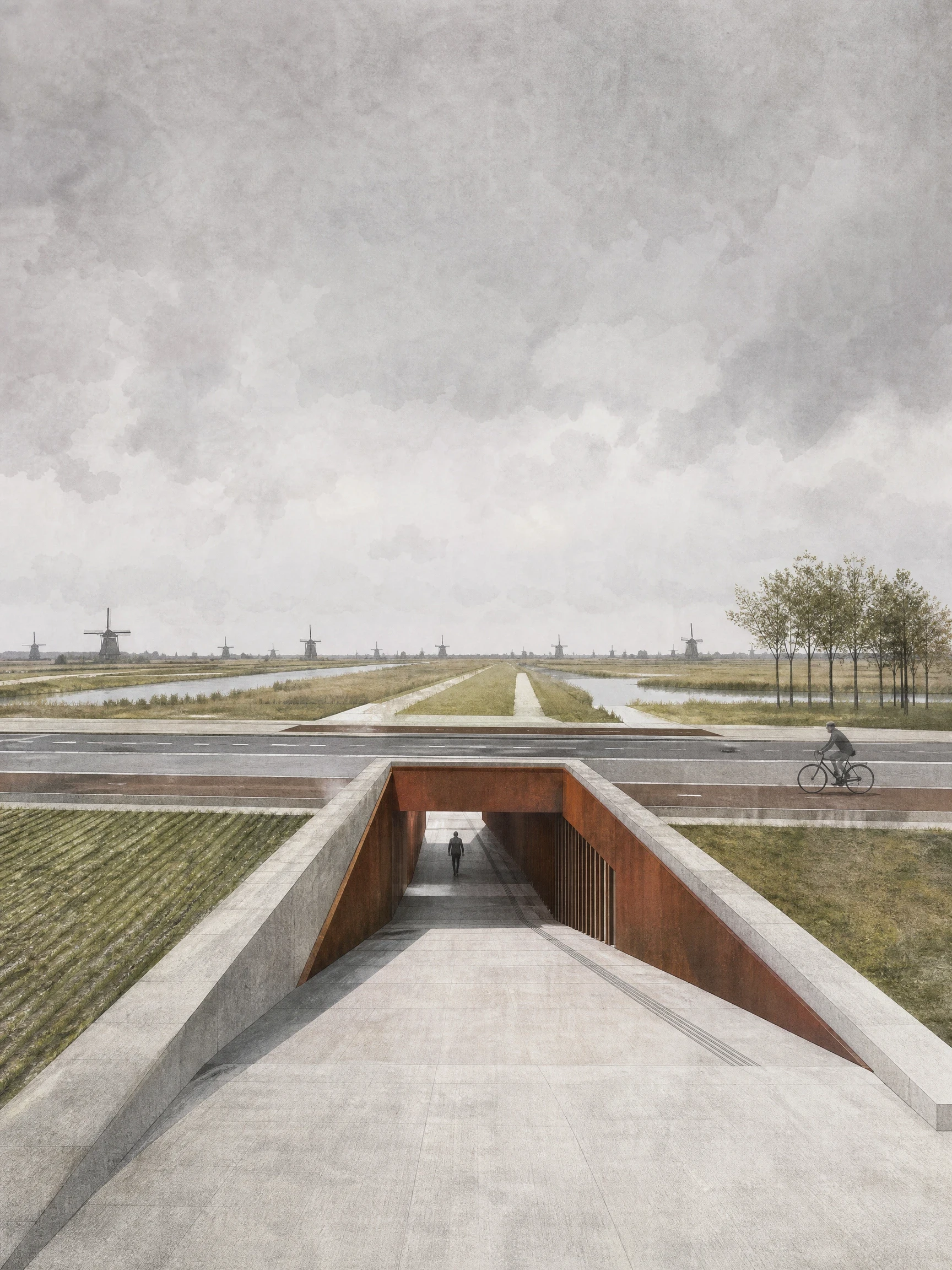 金德代克堤岸下沉通道，滨水空间 AI 设计参考